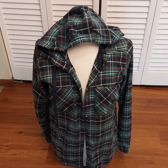Columbia Green Plaid Hooded Flannel Top - Picture 1 of 7